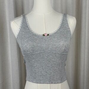 Beverly and Beck Grey Ribbed Tank Top Lace Trim Pink Rose Y2K Indie Women Small